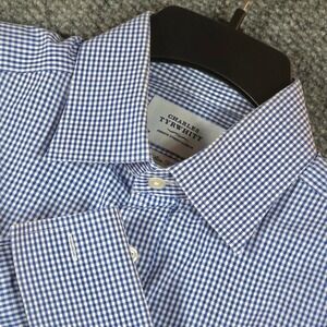 Charles Tyrwhitt Dress Shirt 16/36 Blue Gingham Slim Fit‎ French Cuff Cotton